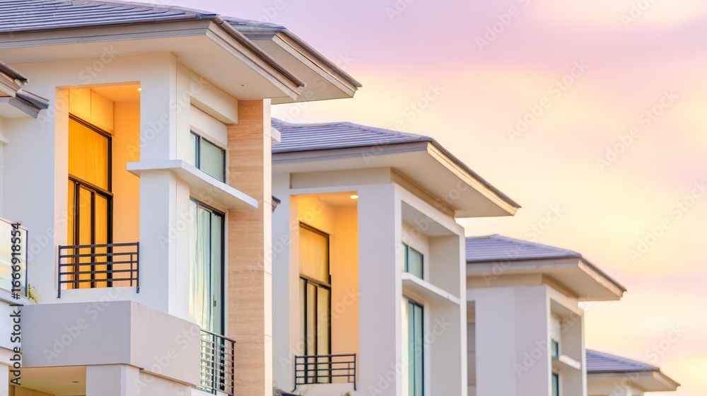 Fototapeta premium Modern Row Houses at Sunset with Warm Lighting