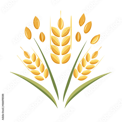 Stylized Wheat Stalks with Grains and Green Leaves on White Background Symbolizing Agriculture