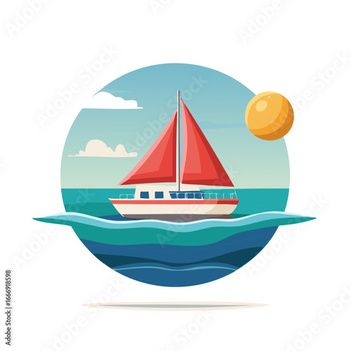 A cartoon sailboat with red sails travels on the ocean waves under a bright summer sun