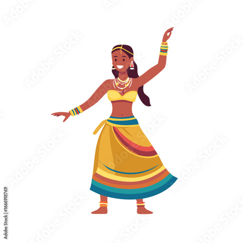 Joyful Indian woman in colorful traditional costume performing a folk dance