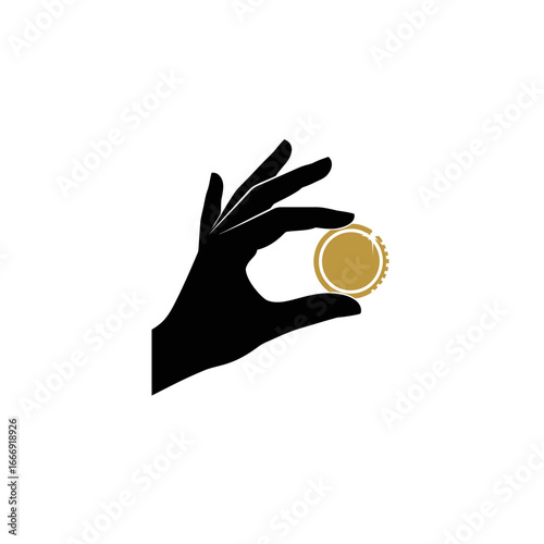 A black silhouette of an elegant hand delicately holding a shiny golden coin.  Symbol of wealth.