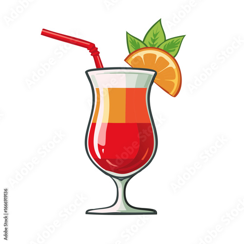 Vibrant layered tropical cocktail with orange slice and red straw in a hurricane glass