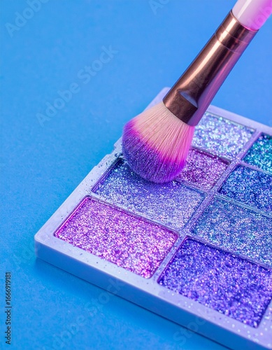 Generated image Pastel Glitter Makeup Palette with Brush on Blue Background 
