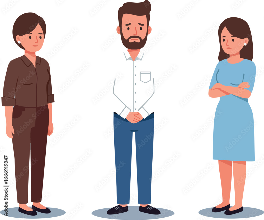 Fototapeta premium Group of three diverse people standing with different expressions and poses vector illustration 