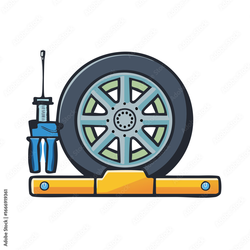 Obraz premium Car tire and lift tools. Automobile repair and maintenance concept.