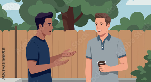 Two men having casual conversation outdoors by wooden fence during daytime vector illustration 