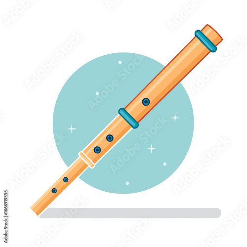 Whimsical woodwind flute illustration, minimalist design, blue accents, musical instrument.