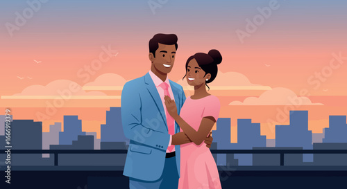 Romantic couple hugging on city rooftop at sunset in blue suit and pink dress vector illustration 