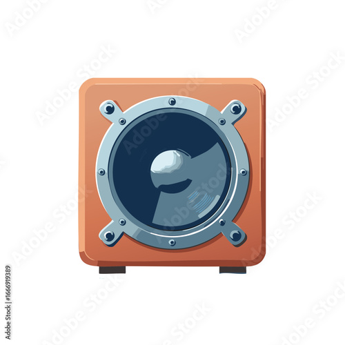 Stylized square audio speaker with a silver rim and screws on a white background