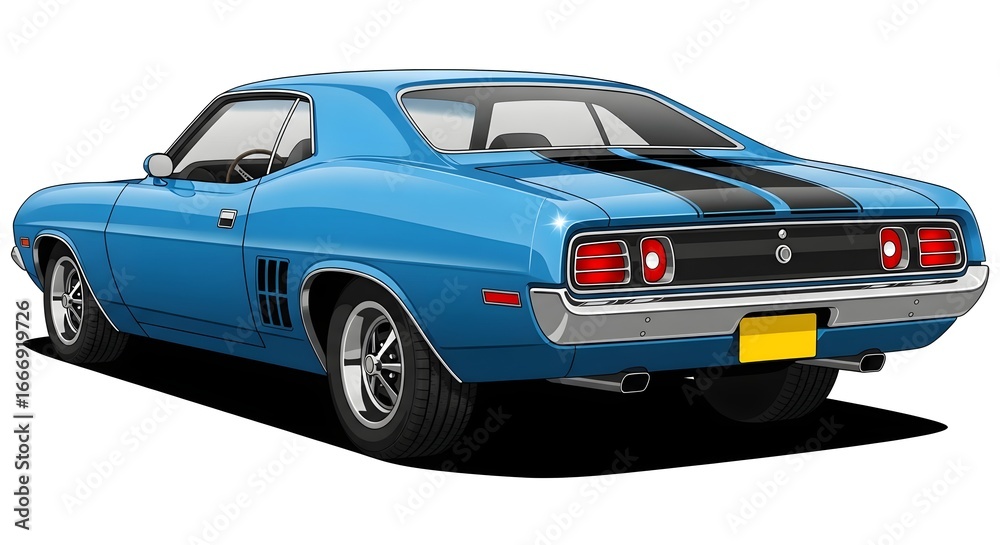 Obraz premium Classic blue muscle car with black racing stripes, rear view, isolated on white background
