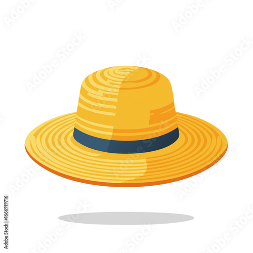 Flat design illustration of a classic yellow straw sun hat with a dark blue band