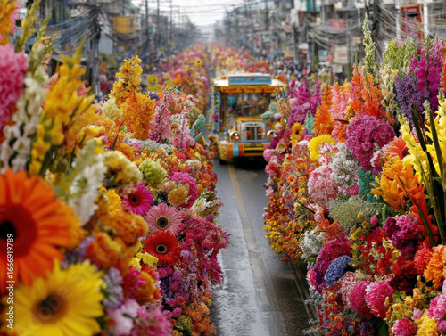 A vibrant street scene filled with colorful flower displays during the Panagbenga Flower Festival features a jeepney driving through the floral pathway