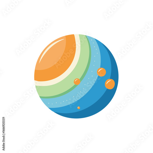 Round planet with orange, green, blue bands. Orbited by orange moons. Stylized celestial body with satellites.