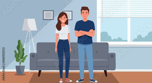 Young couple standing in living room with sofa and plant in modern interior design 