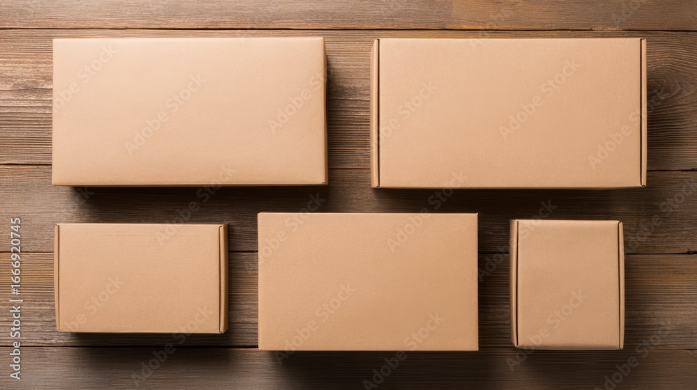 Fototapeta premium Five cardboard boxes arranged on a wooden surface