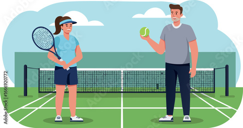 Tennis players holding racket and ball on outdoor court in casual sportwear 