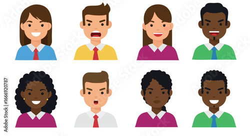 Diverse group of eight smiling and expressive people avatars vector illustration 