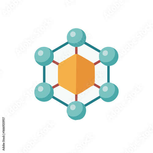 Abstract flat icon illustration depicts molecule, network, and hexagon, symbolizing the interconnectedness of complex systems