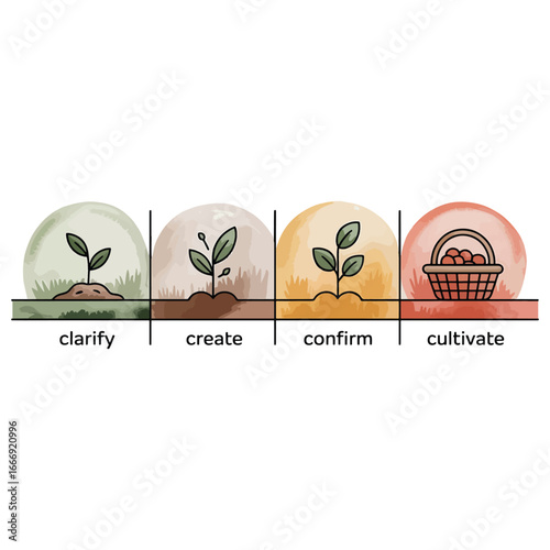 Infographic of plant growth stages: Clarify, Create, Confirm, Cultivate. Business or personal development vector illustration