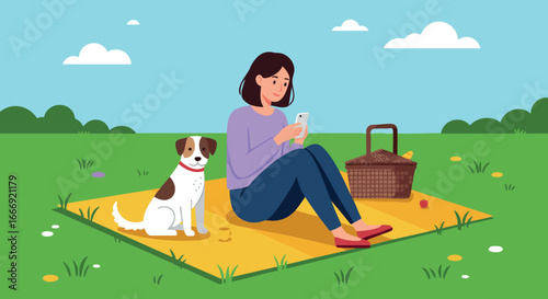 Woman sitting on blanket with dog using smartphone in green park vector illustration 