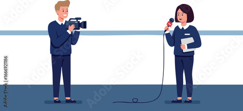 Male Cameraman and Female Reporter Interviewing on Stage Vector Illustration 