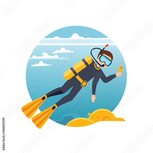 Cartoon Diver Enjoying a Tropical Drink Underwater