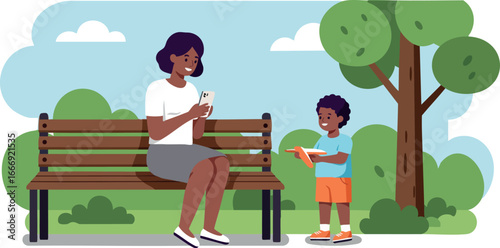 Mother and son spending time in park with bench and tree vector illustration 