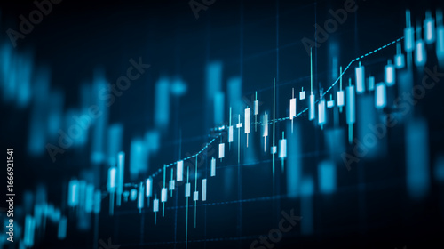 Stock market chart with candlestick pattern showing financial data in blue color scheme background