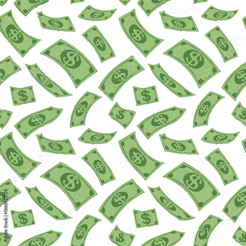 Seamless pattern of falling dollar bills. A background of raining money for finance and wealth concepts vector illustration