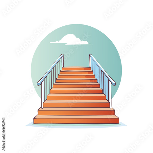 Cartoon stairs leading to the sky with cloud and railings.