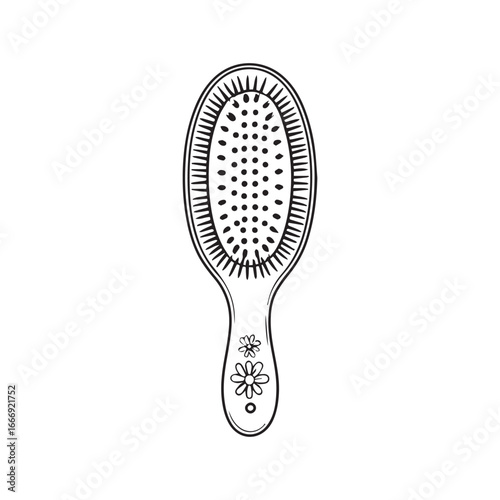 Vector art of handheld oval hairbrush with a decorative floral pattern on the handle, , perfect for hair care and styling routines