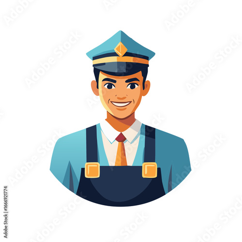 Friendly professional man in a blue uniform with a service cap and tie, smiling confidently