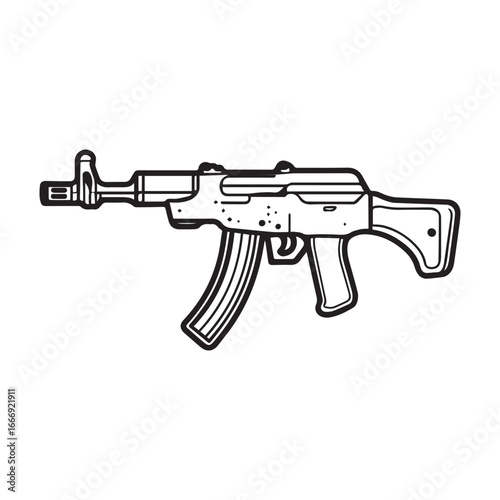 Vector art of line art illustration of an assault rifle, a type of military firearm, isolated on a
