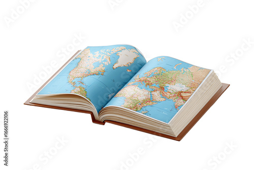 Open World Atlas Book with Detailed Maps, isolated on white transparent background