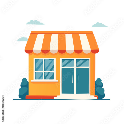 Colorful small business storefront building with a striped awning windows and doors