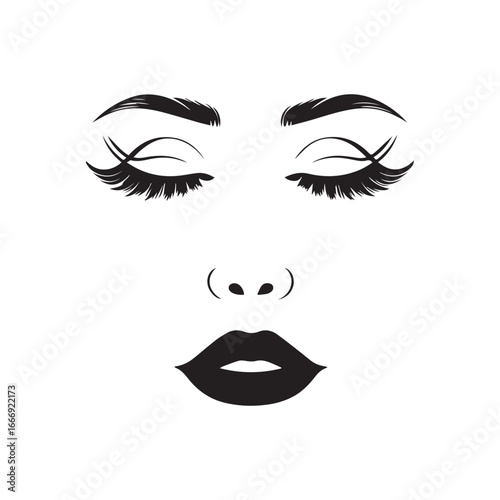 Vector art of minimalist black and white illustration of a womans face with closed eyes, dramatic eyelashes, defined eyebrows, and full lips