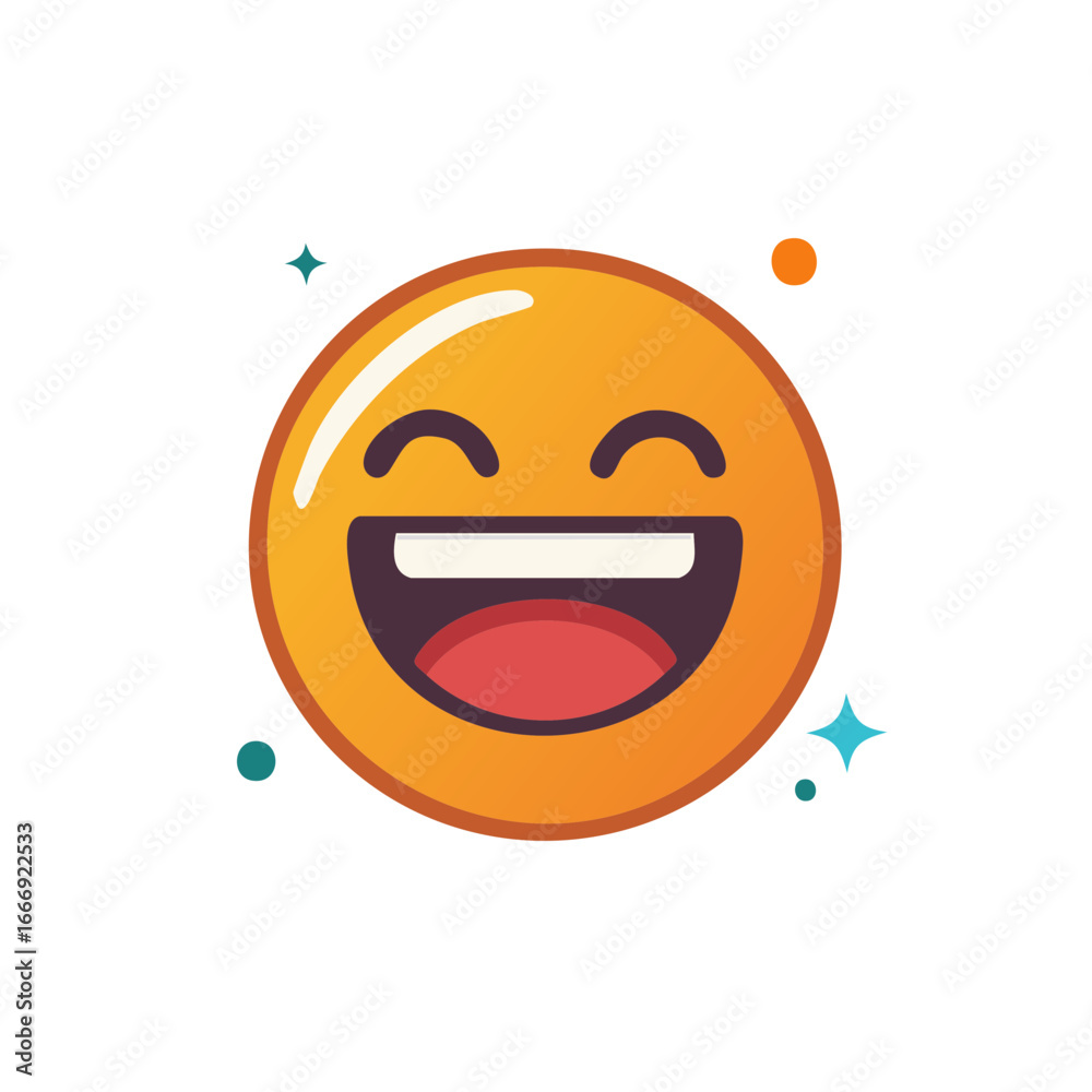 Fototapeta premium Orange Smiley Face Emoticon with Big Smile and Sparkles Illustration Icon