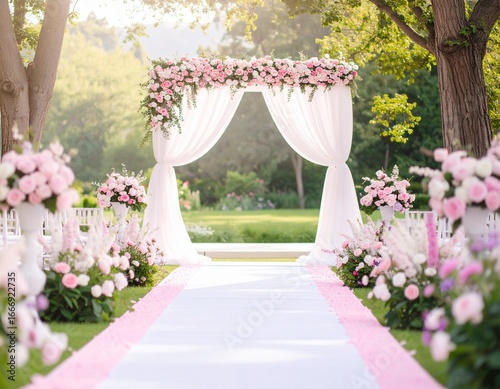 Generated image Romantic Wedding Floral Arrangement with Pastel Pink and White Flowers and White Arch