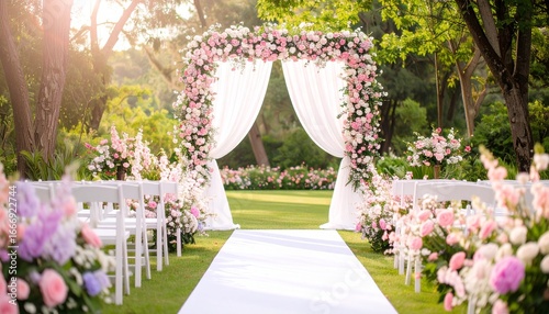 Generated image Romantic Wedding Floral Arrangement with Pastel Pink and White Flowers and White Arch