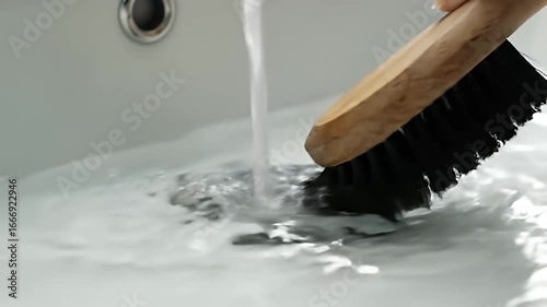 Brush with wooden handle under running water in a white ceramic sink, cleaning