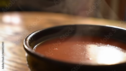 Hot tomato soup steaming in a dark bowl on a wooden table, close-up, shallow depth