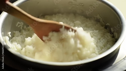 Rice inside metal pot being stirred with a wooden spoon