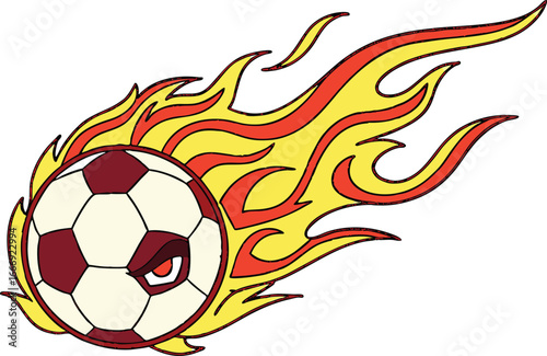 Angry soccer ball with red and yellow flames on a white background Keywords: soccer, football, ball, sport, game, competition, championship, tournament, goal, score, win, victory, celebration vector E