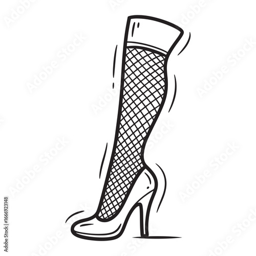 A hand-drawn sketch of a woman's leg in a thigh-high fishnet stocking and stiletto heel. A burlesque fashion vector illustration