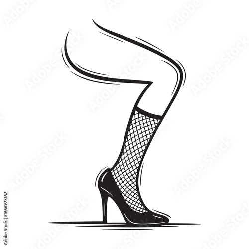 Minimalist silhouette of a woman's leg in a fishnet stocking and a high heel shoe. Elegant and sexy fashion art vector illustration