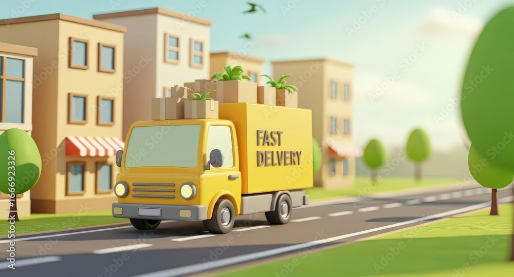 Fototapeta premium A cute 3D-rendered yellow delivery truck in a green city, representing eco-friendly logistics. A concept for sustainable shipping, e-commerce, and fast local delivery services.