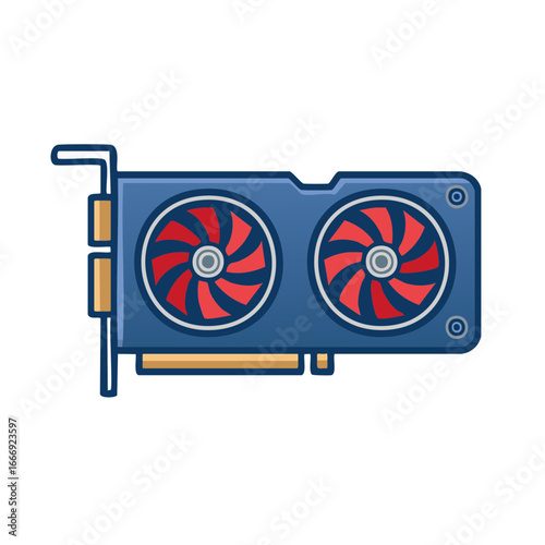 Graphic card illustration with two fans, blue and red, computing hardware technology