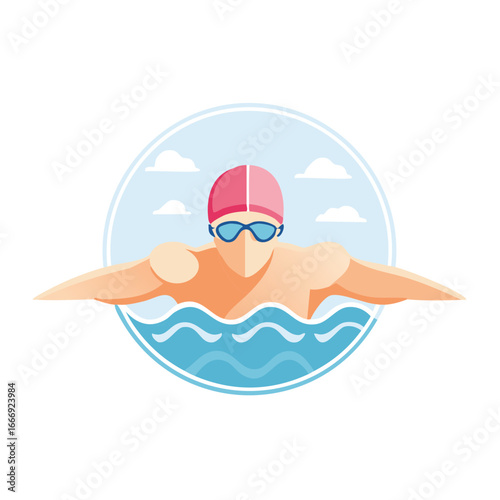 Swimmer performing butterfly stroke in pool water with cap and goggles