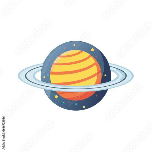 Cartoon gas giant planet with colorful rings and orbiting stars, cosmic illustration