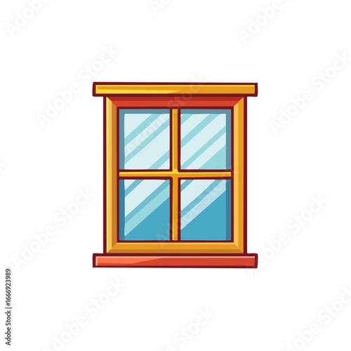 Colorful cartoon window with a warm wooden frame and clear blue glass panes a simple graphic illustration